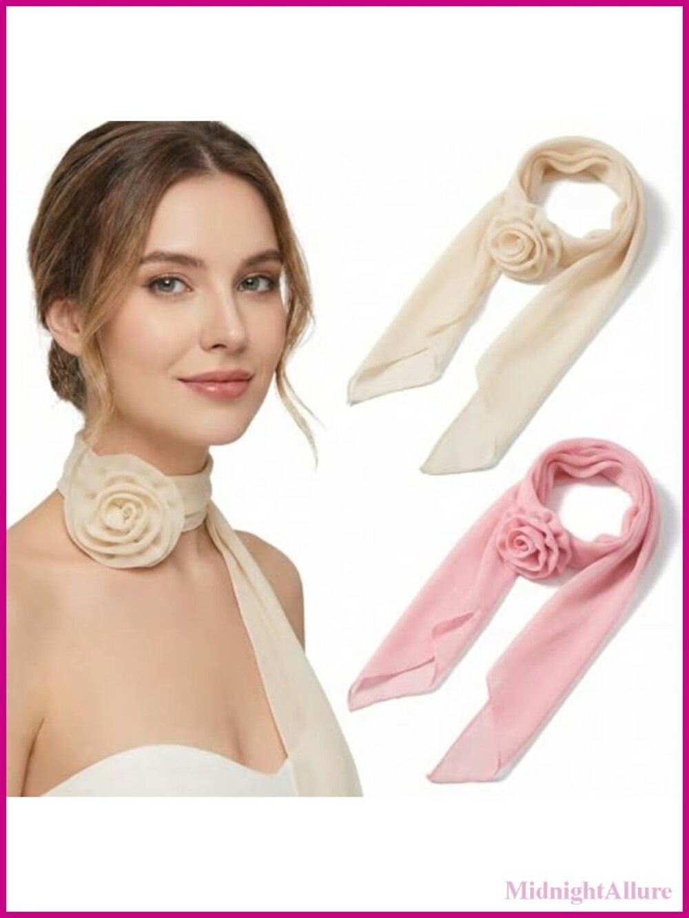 Chiffon Floral Scarf 2 Pack with Detachable Rose Brooch Lightweight Neck Scarf